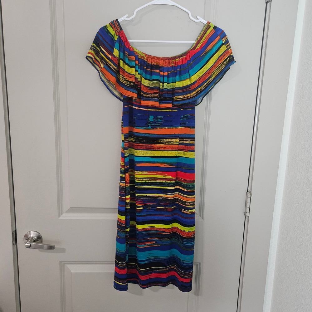 Joseph Ribkoff Multi Color Abstract Stripe Ruffle Off Shoulder Dress Size 8 - Picture 5 of 8